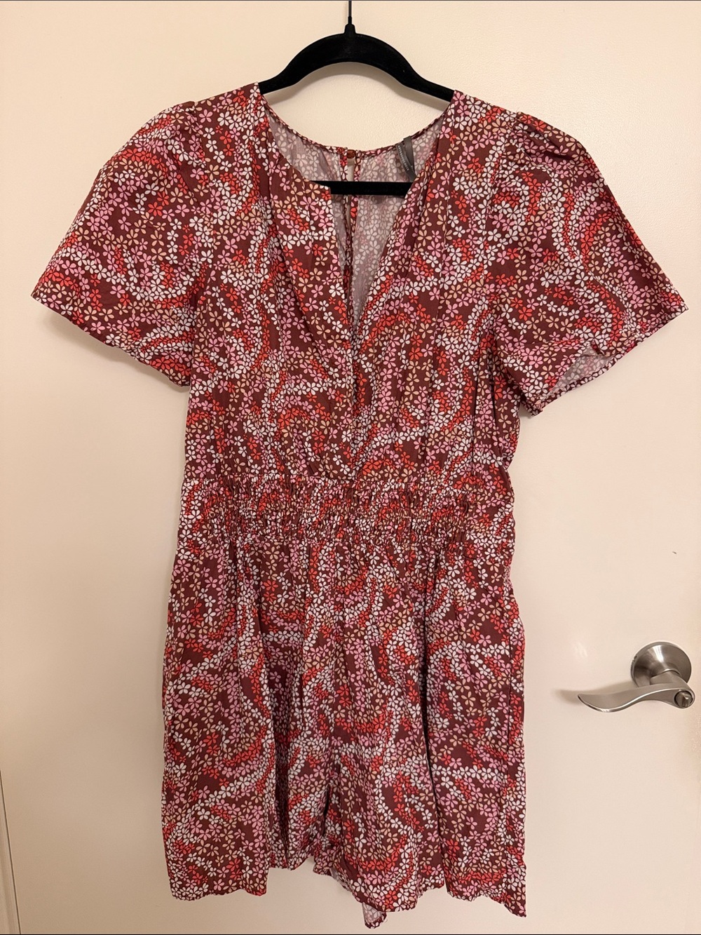 Anthropologie Red & White Floral Short-Sleeve Romper